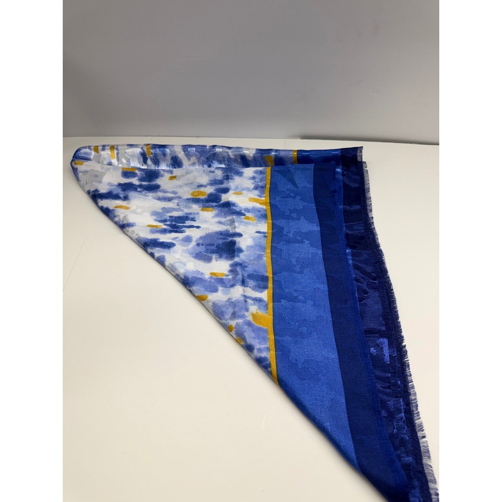 VIN Avon Italy Blue White Yellow Abstract Watercolor JacquardSquare Scarf Fringe